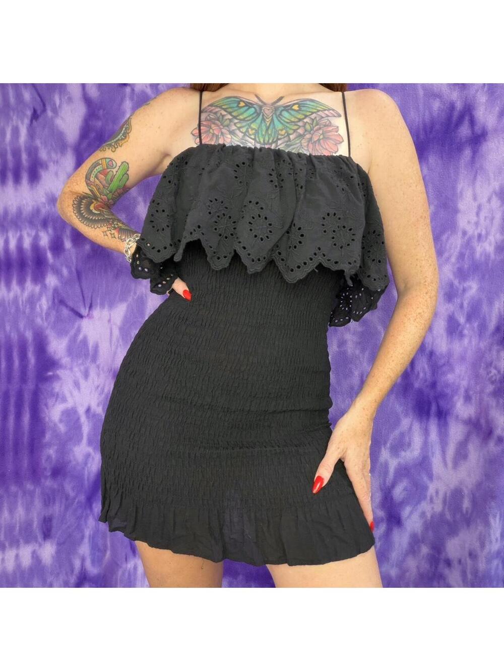 Zara black shearred broderie anglaise bodycon strappy mini dress